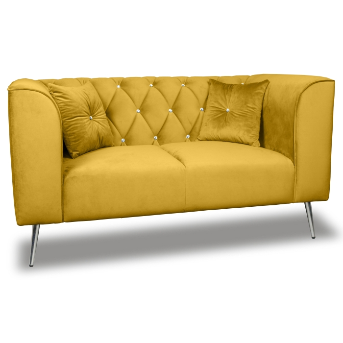 Sofa skandynawska dwuosobowa na wysokich metalowych nogach, sofa pikowana w guziki kryształowe - Kare 2-osobowa